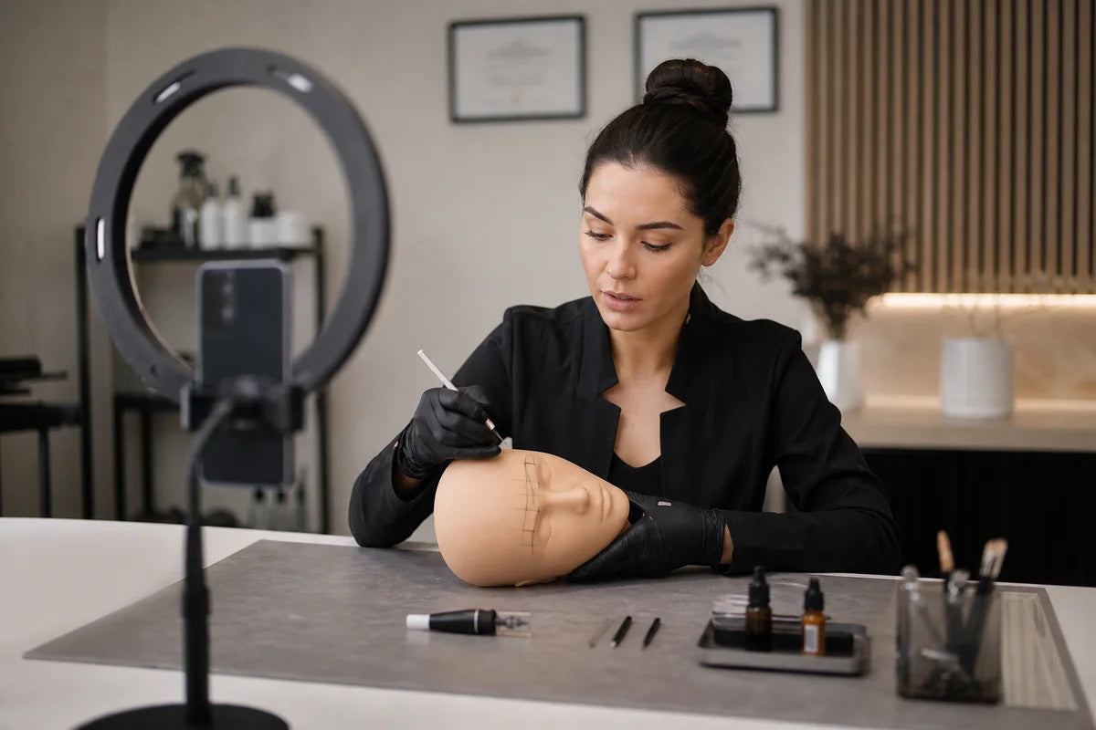 PMU artist preparing educational video content in a studio