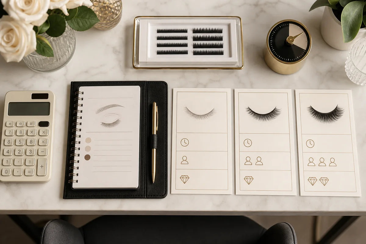 Lash service planning with sample trays and a blank pricing workbook