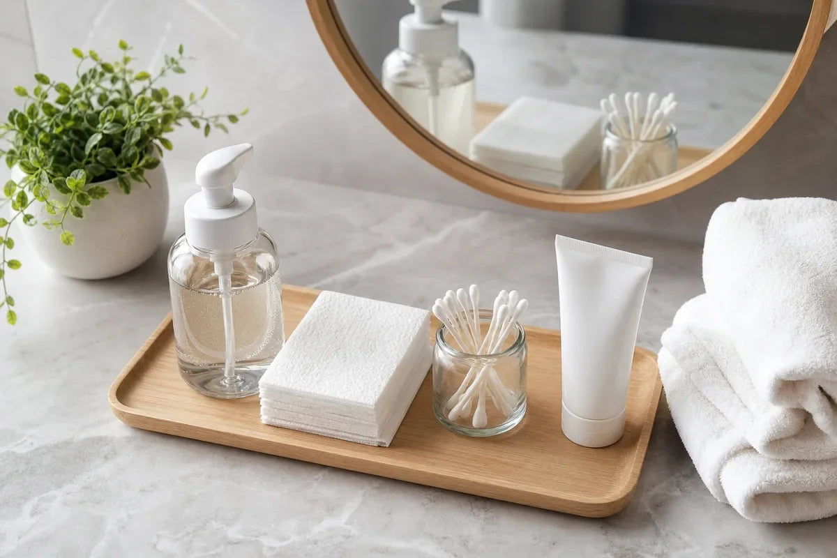 Clean aftercare supplies arranged on a studio tray