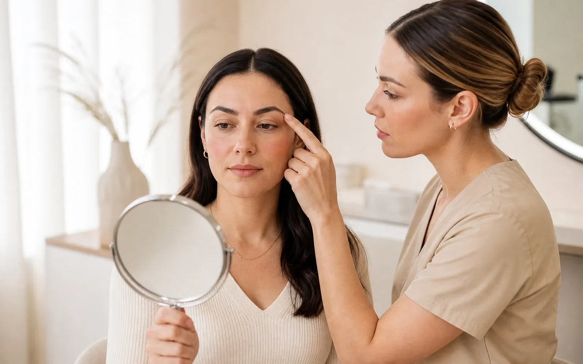 Client and brow professional assessing natural eyebrow balance in a mirror
