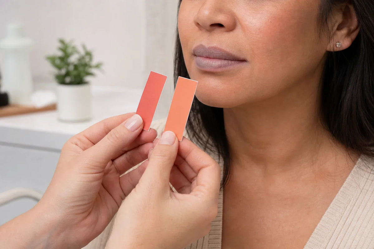 PMU consultation comparing coral and peach swatches near cool-toned healed lips