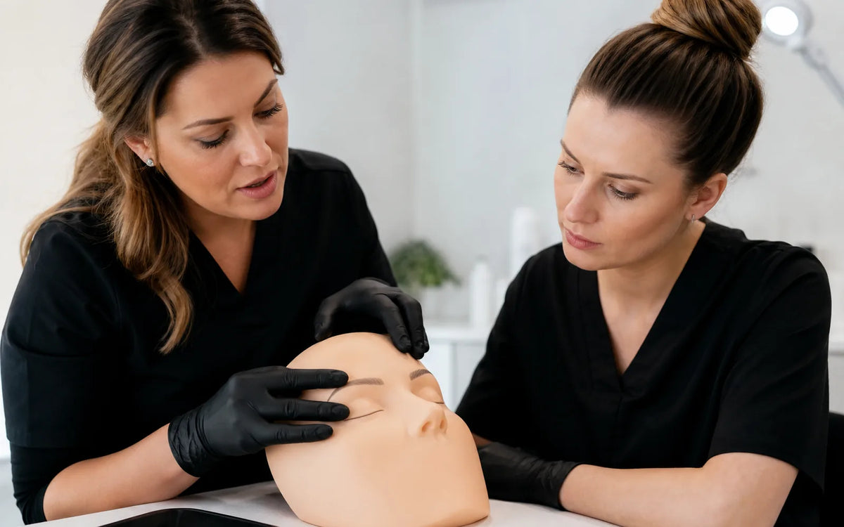 PMU instructor demonstrating skin stabilization on a silicone practice face