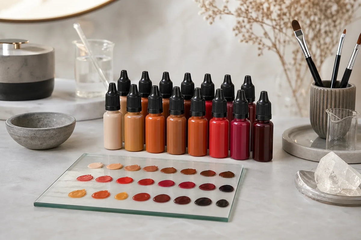 Unlabeled PMU pigment bottles and color swatches on a clean studio work surface