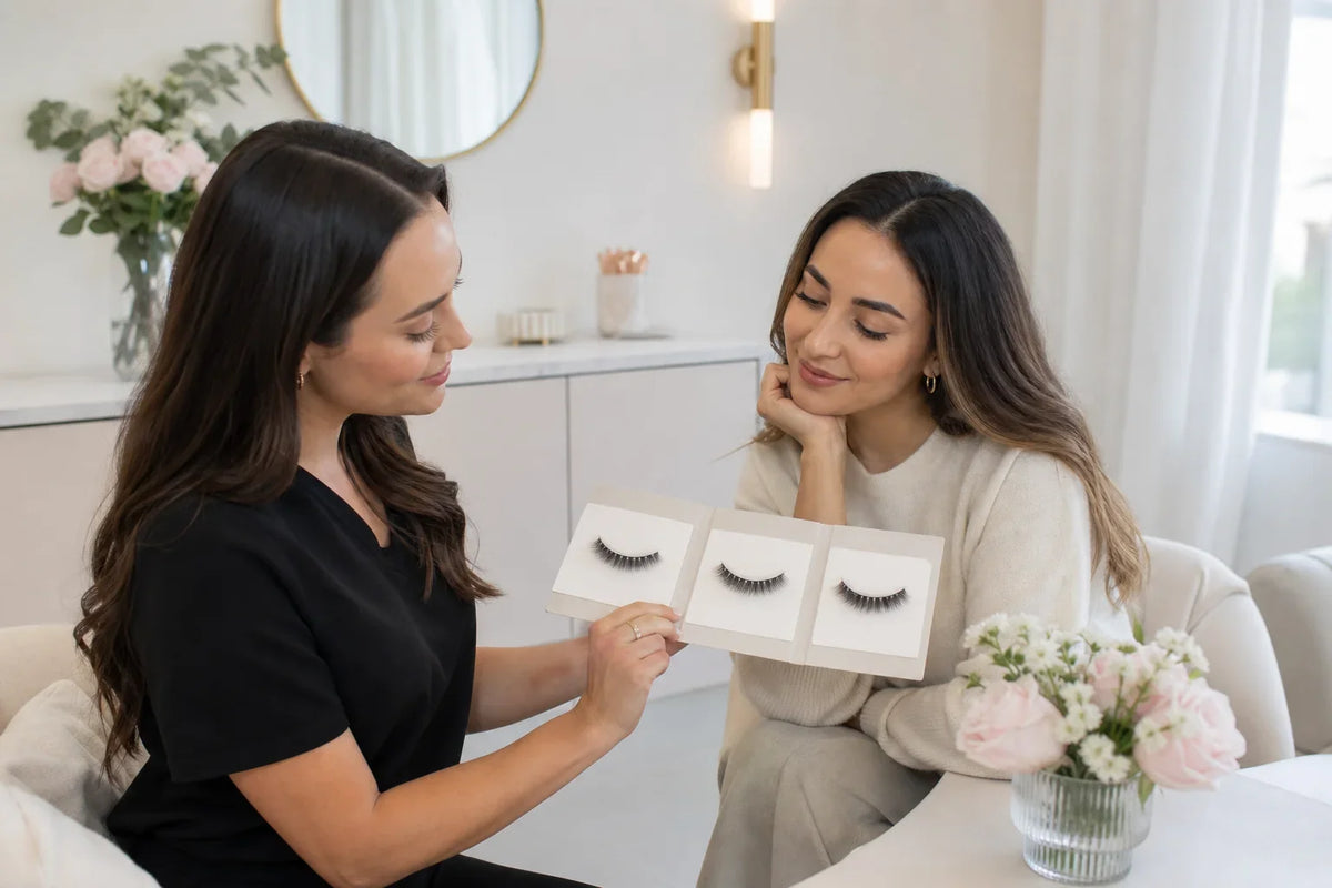 Client comparing three lash style samples with a professional artist