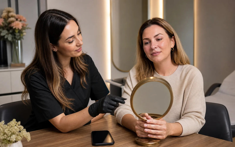 Beauty professional and client reviewing a healed result during follow-up