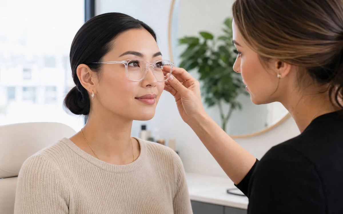 Adult client wearing clear eyeglasses during a lash fit consultation