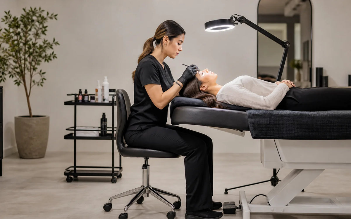 Lash artist working with supported neutral posture at an adjustable treatment bed