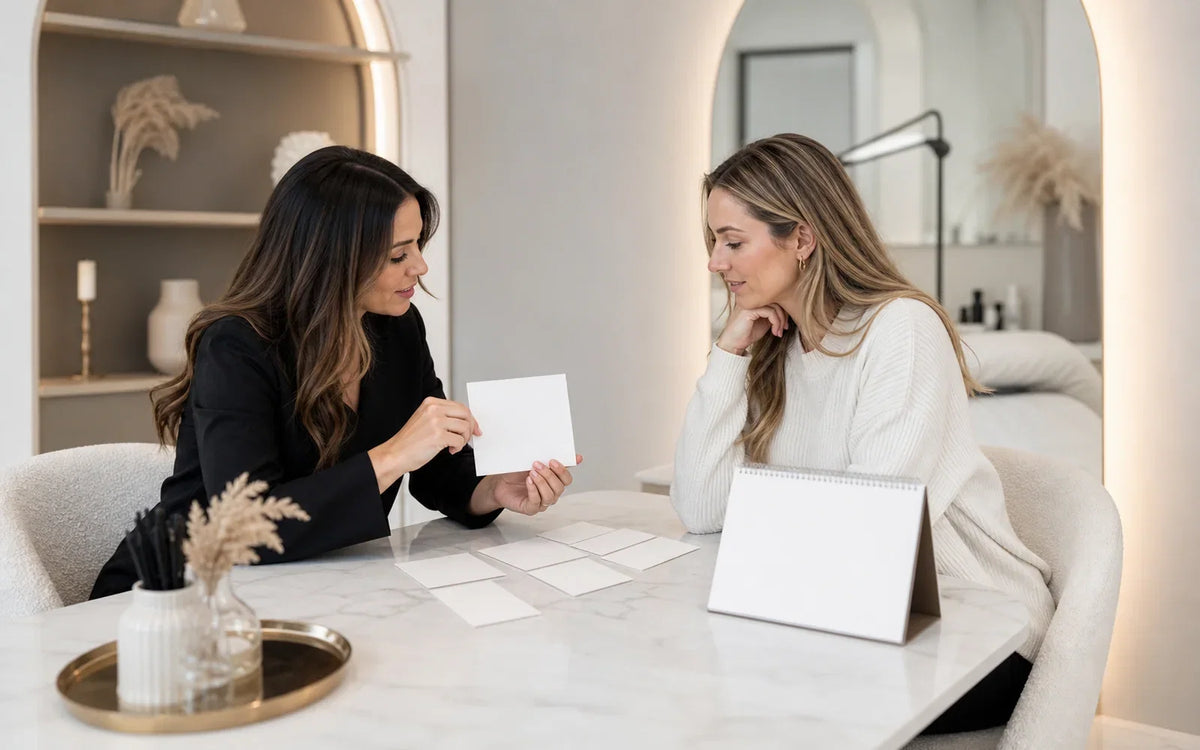 Lash studio owner explaining blank membership options to an adult client