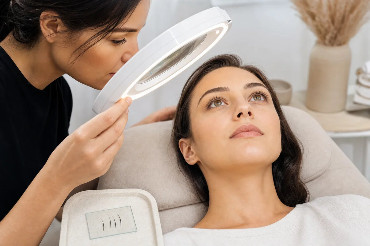 Lash artist examining a client's natural lashes under a magnifying lamp