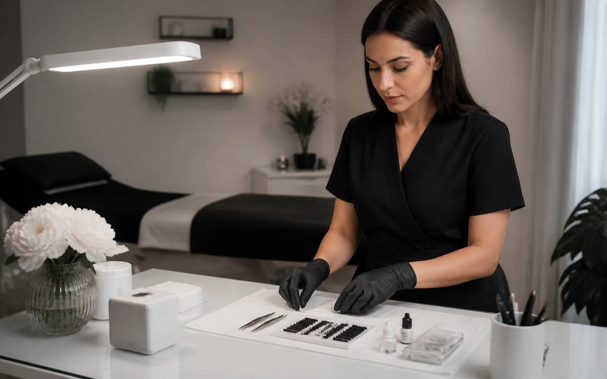 Lash professional preparing a clean workstation before a service