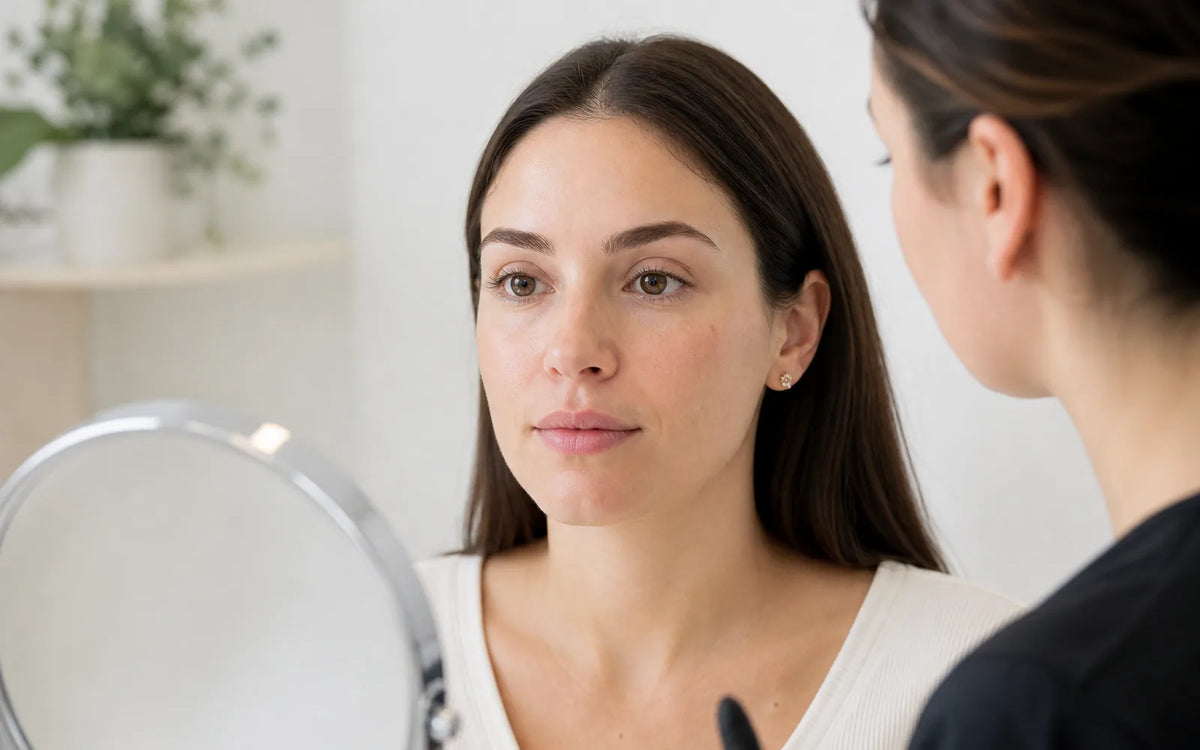 Client and lash professional assessing clean natural eyelashes after extension removal
