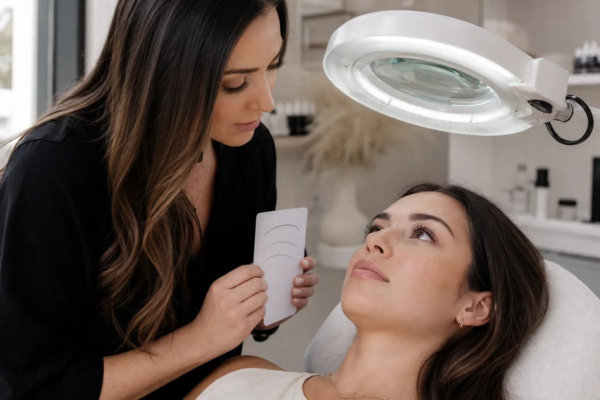 Lash artist examining extension retention during a follow-up consultation