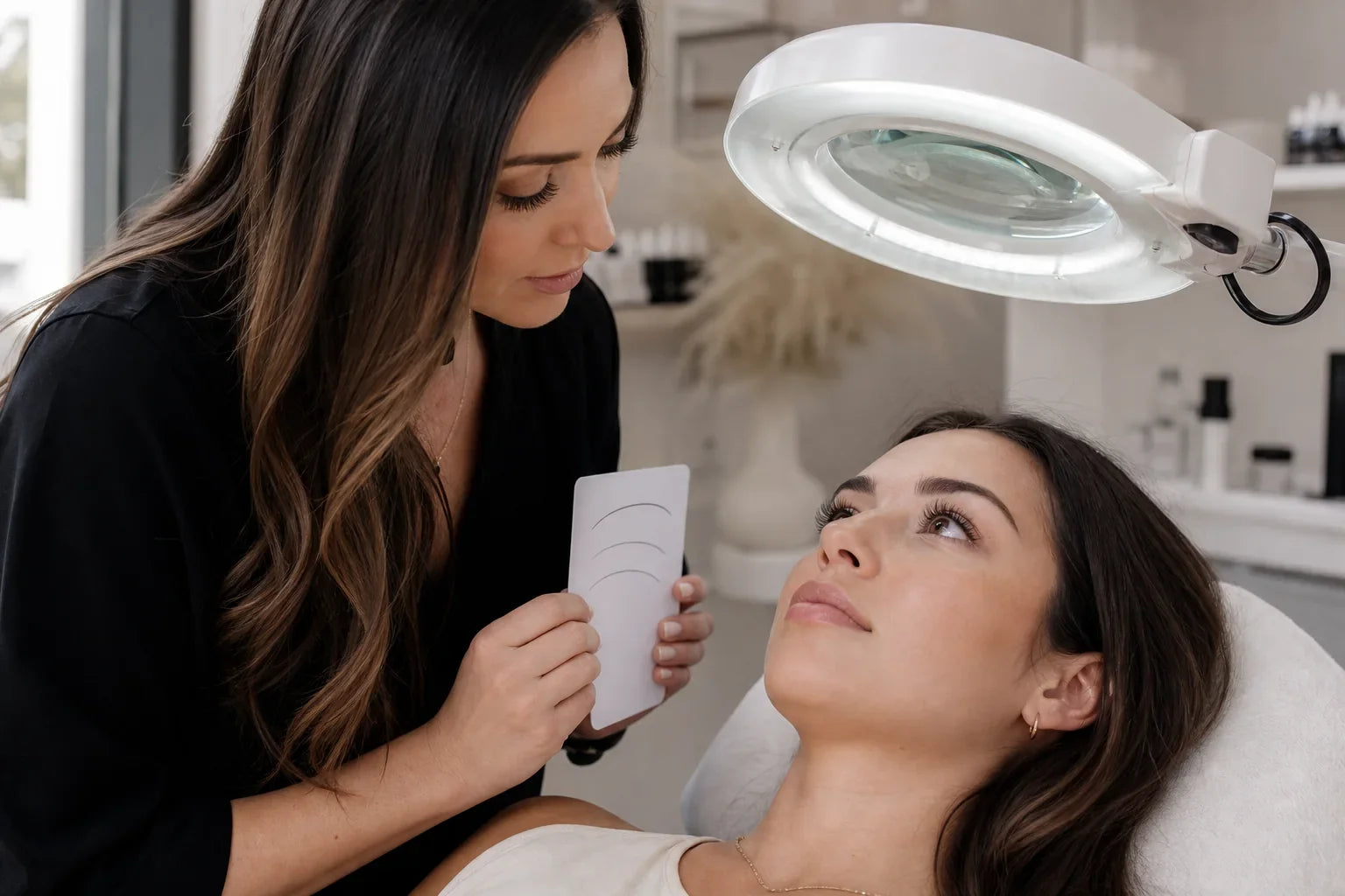 Lash artist examining extension retention during a follow-up consultation