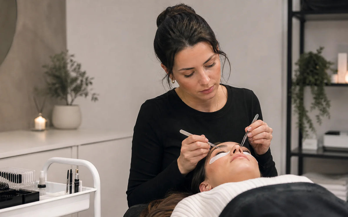 Lash artist performing a calm organized extension service with two tweezers