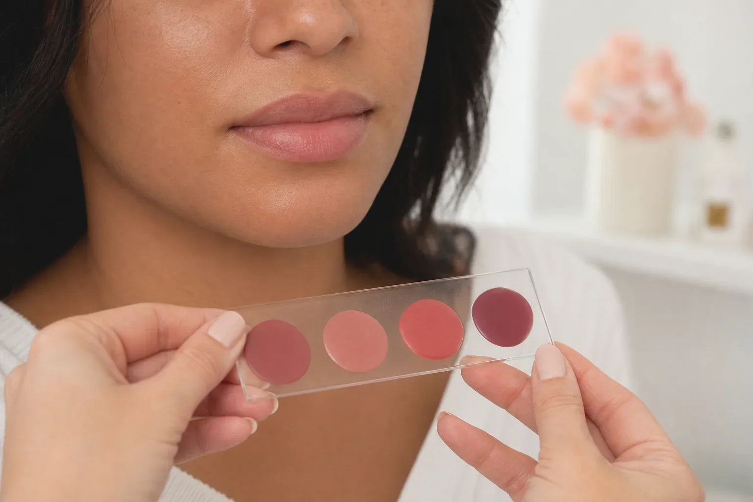 Professional comparing muted lip pigment swatches during a consultation