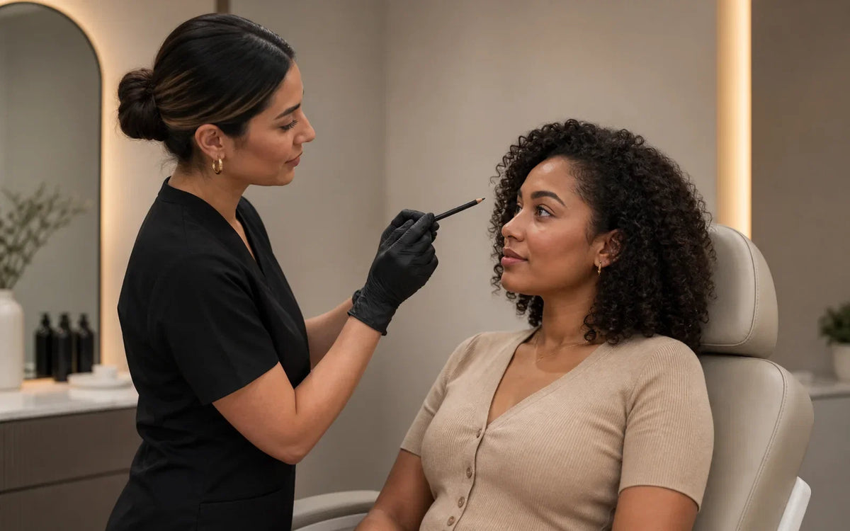 Brow artist discussing microblading comfort with an adult client