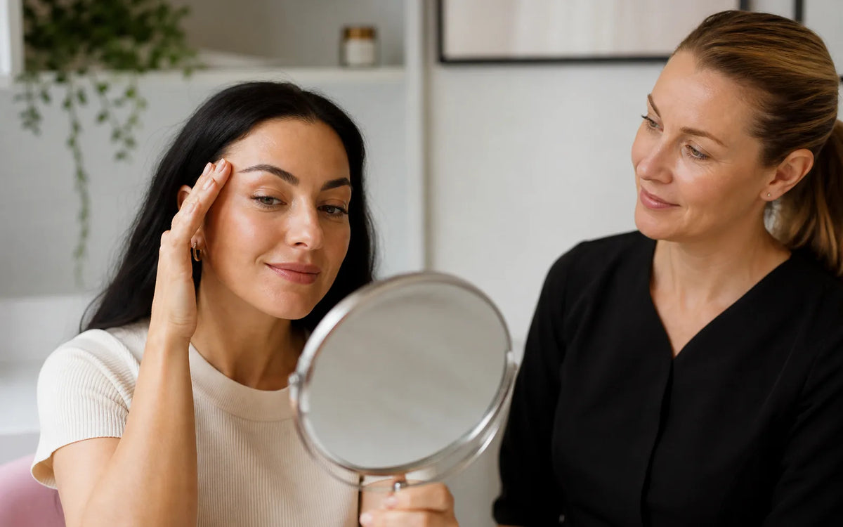Client and PMU artist reviewing healed eyebrows in a mirror