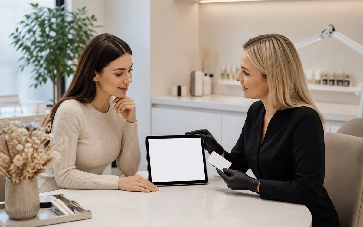 Client and permanent makeup professional discussing a service plan
