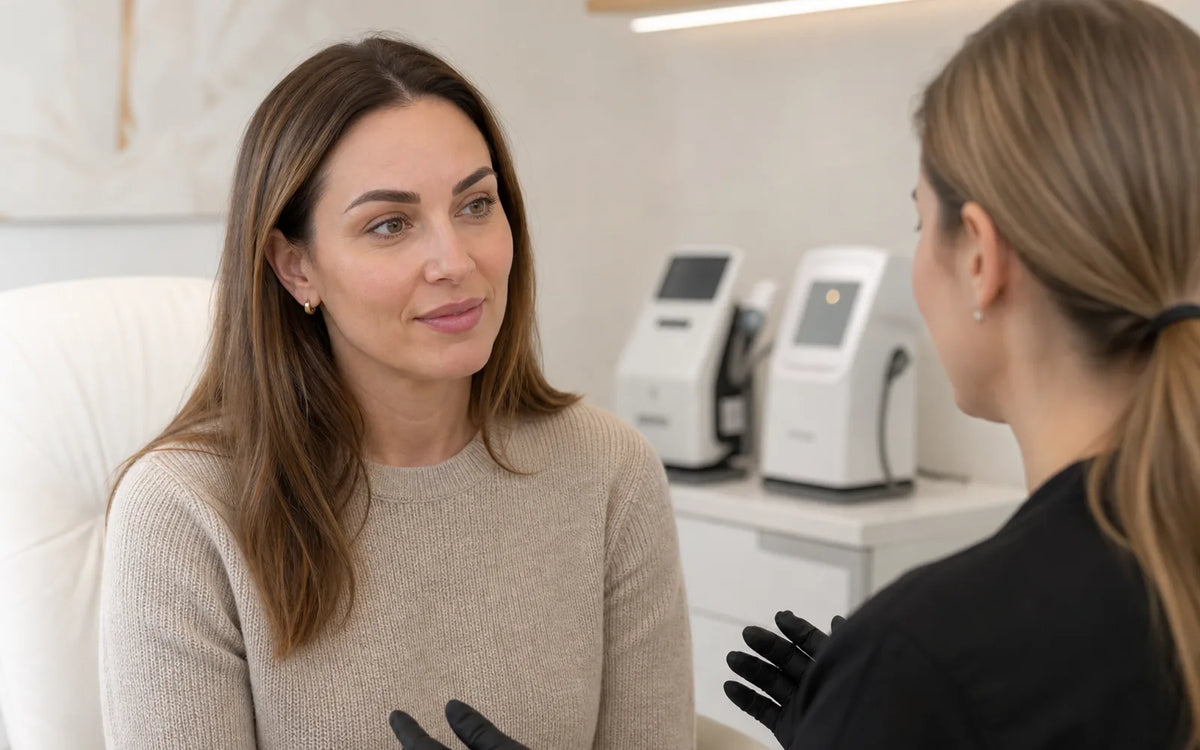 Client consulting a professional about lightening healed eyebrow permanent makeup