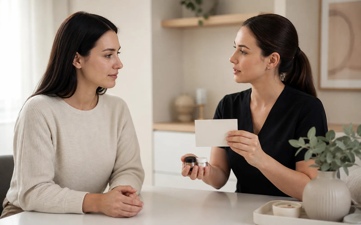 Client discussing unbranded pigment products with a permanent makeup professional