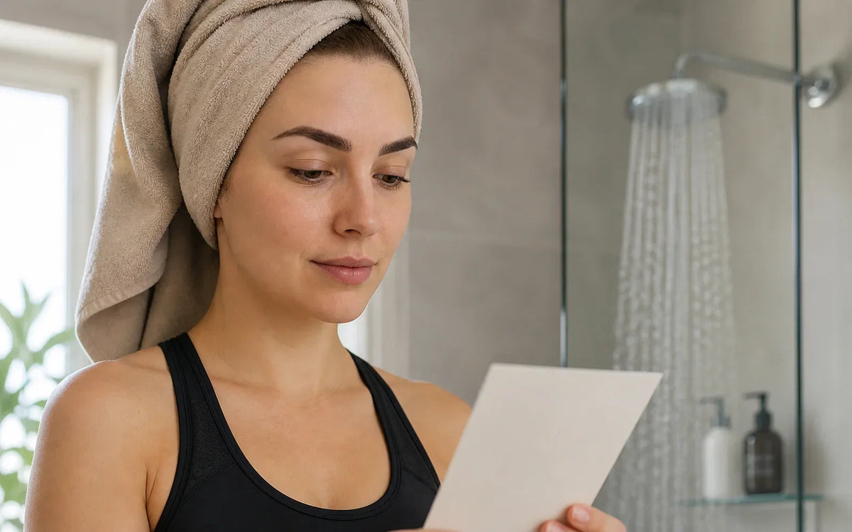 Adult PMU client reading aftercare guidance near a shower