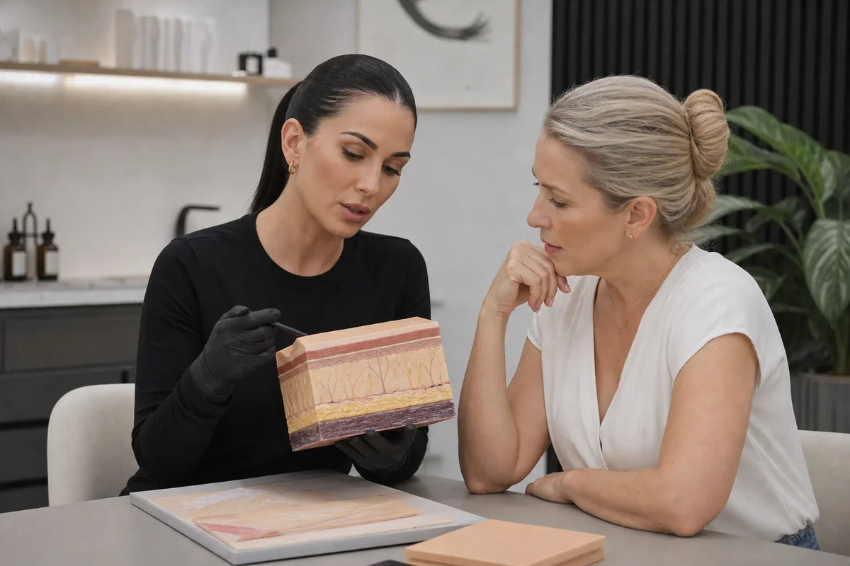 PMU educator discussing skin layers with an experienced artist