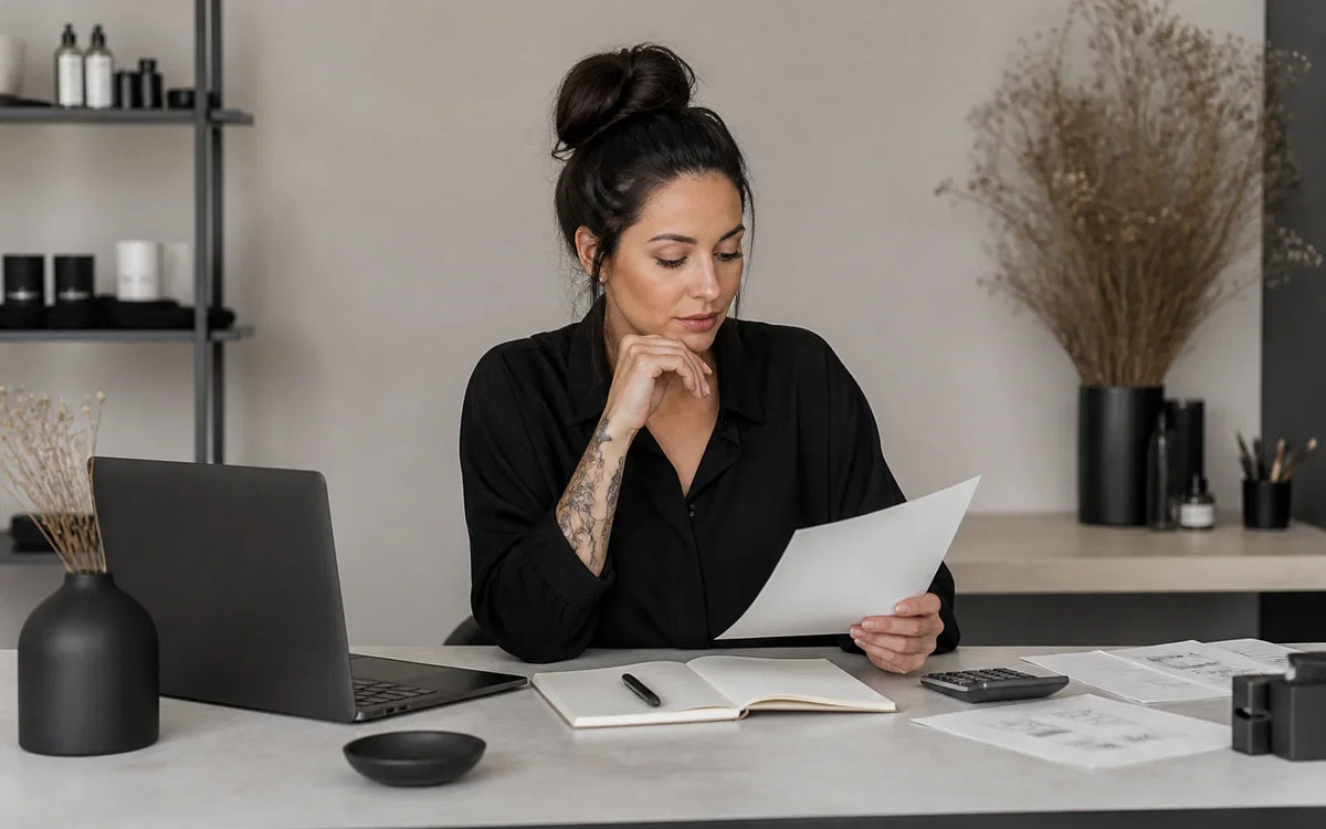 Independent beauty professional reviewing service pricing at a desk