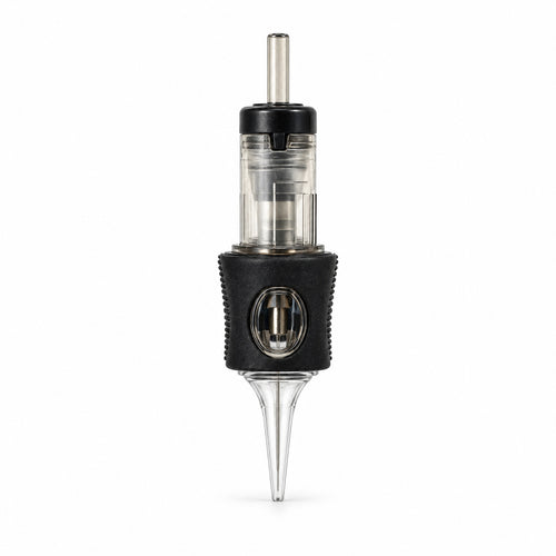 AXIS 1RL PMU cartridge needle with clear tip and black textured finger ring, front view