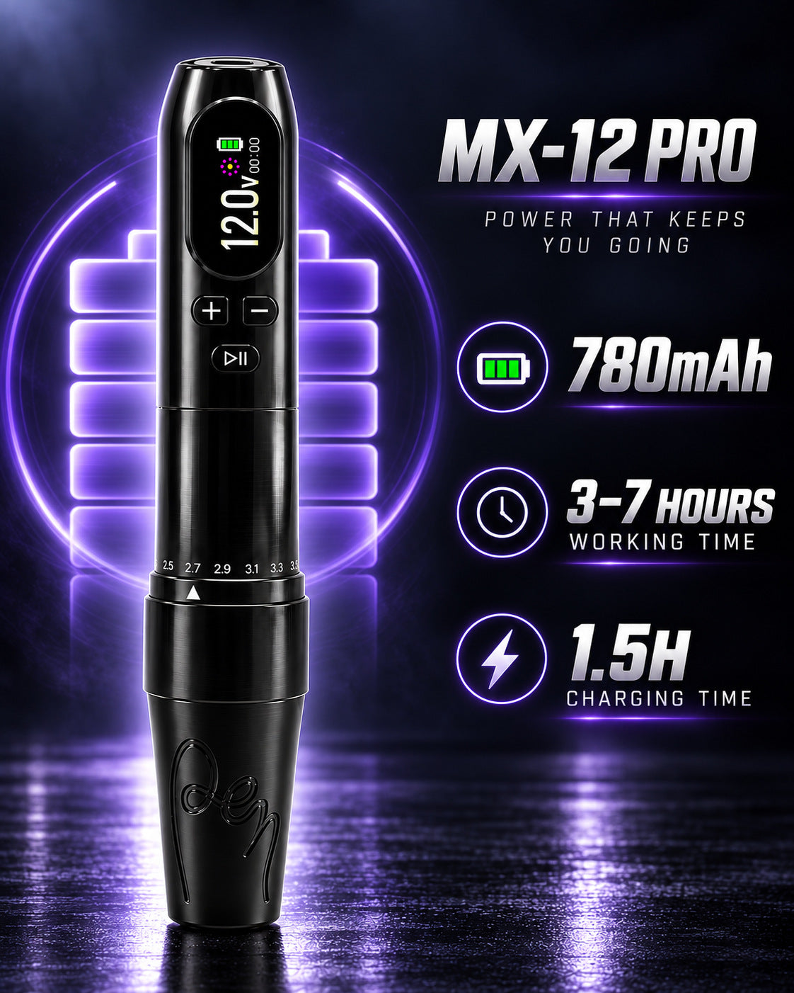 MX-12 Pro 780 mAh battery, 3 to 7 hours working time, 1.5 hours charging time