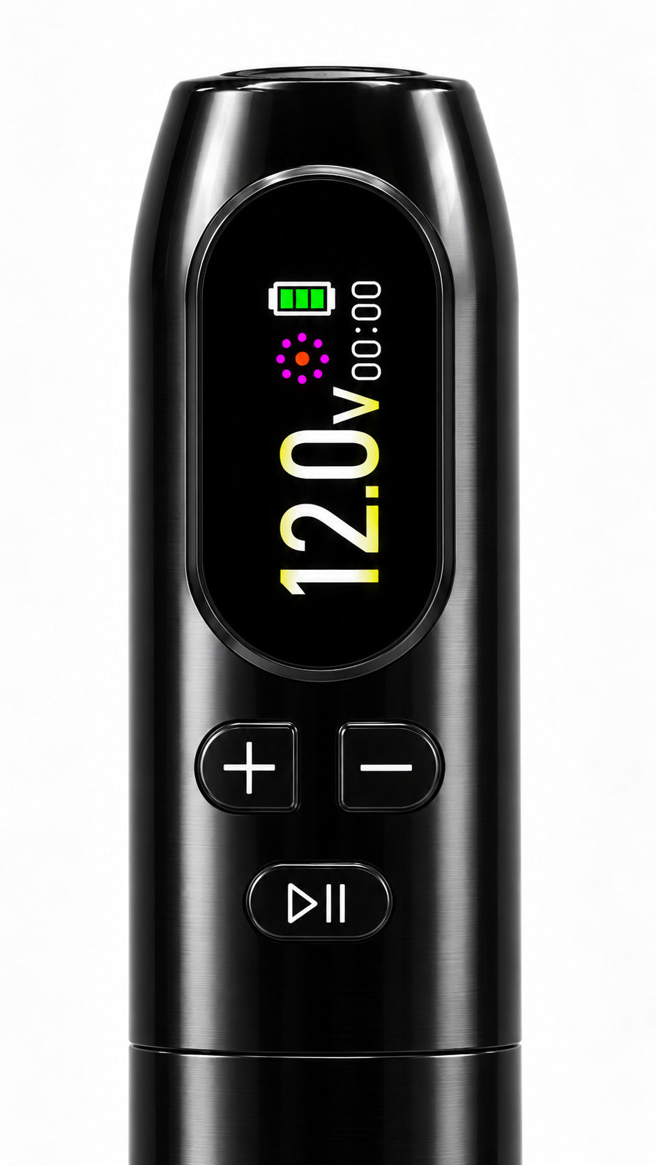 MX-12 Pro color display showing voltage, timer and battery level, with control buttons