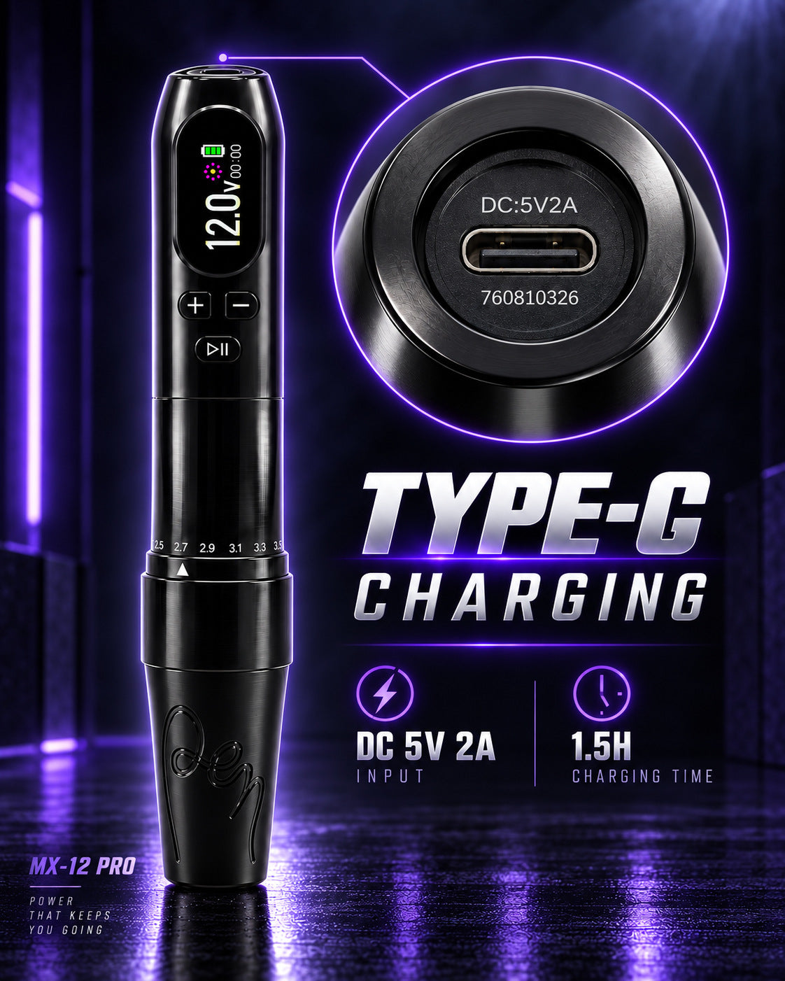 MX-12 Pro USB Type-C charging, DC 5 V 2 A input