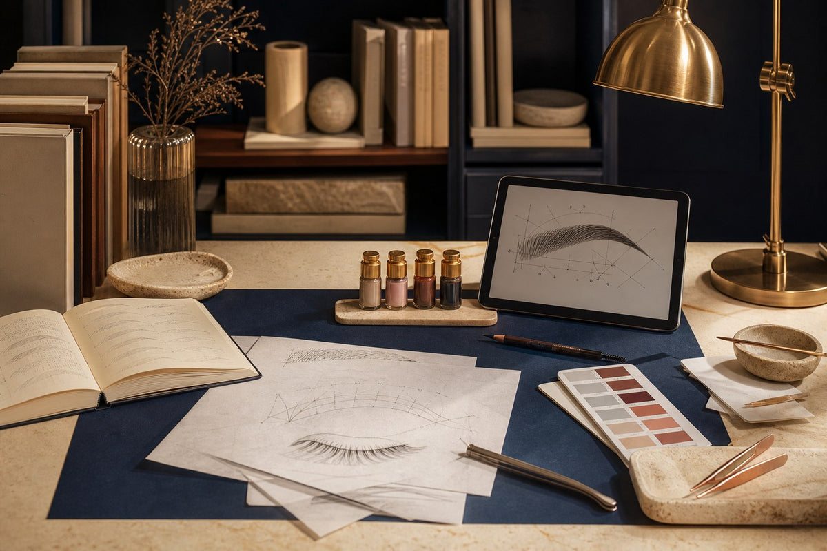 Editorial research desk with eyebrow and lash mapping studies, pigment samples and professional tools.
