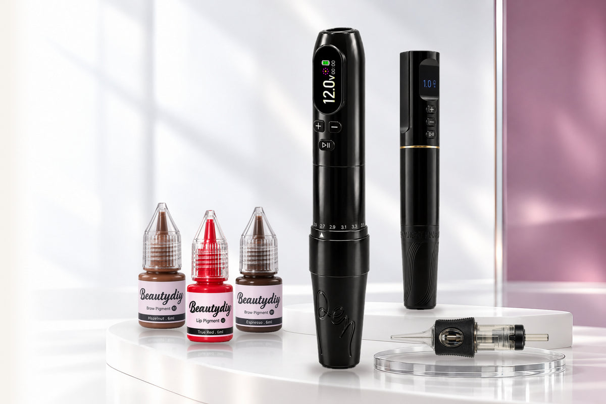Organised PMU, brow and lash workstation with pigments, cartridge needles and mapping tools.