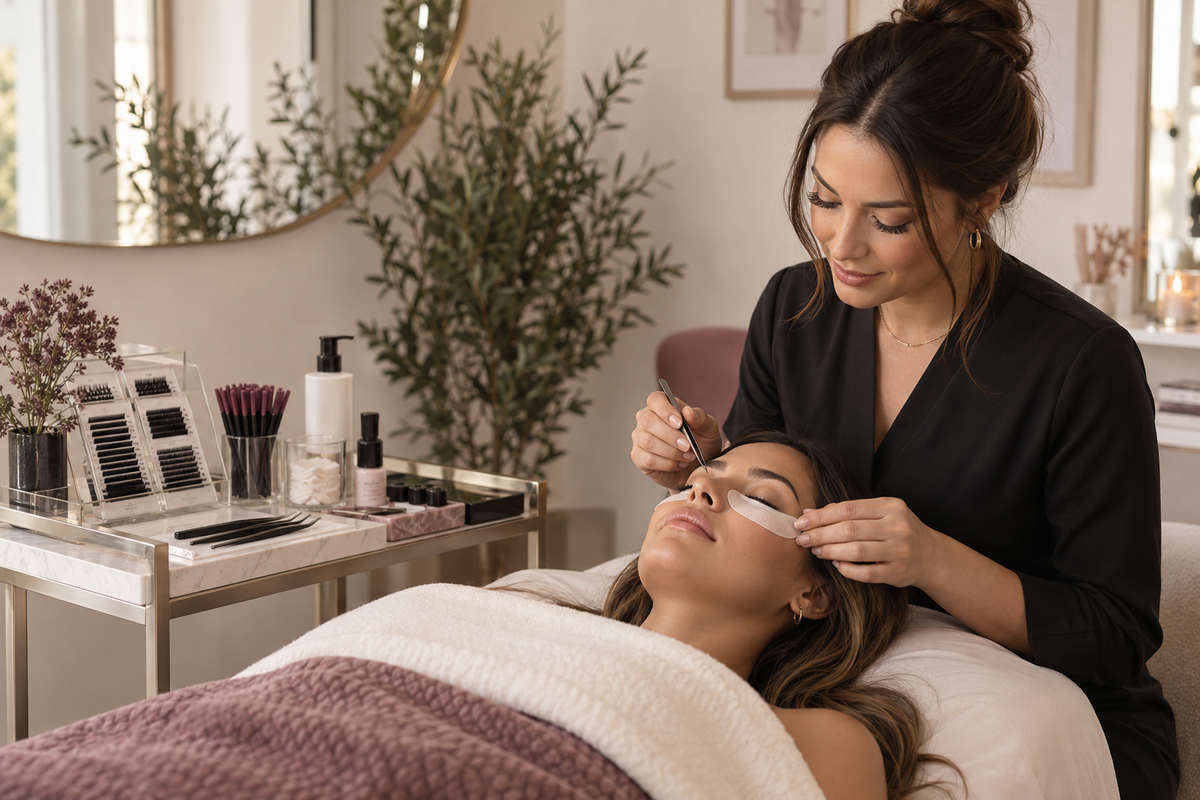 Professional lash artist working with a client in a modern beauty studio.