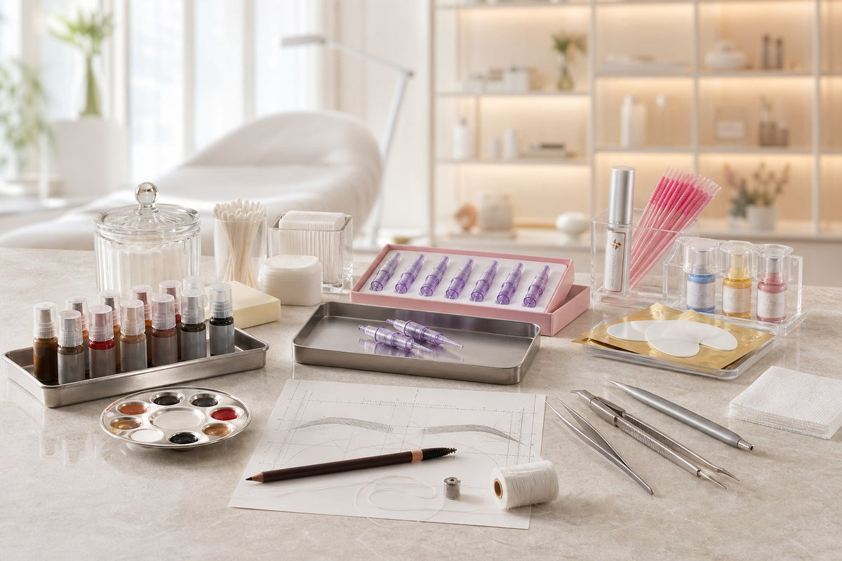 Organised PMU, brow and lash workstation with pigments, cartridge needles and mapping tools.